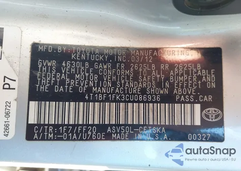 2012 Toyota Camry Se из США, поврежденный, VIN 4T1BF1FK3CU086936